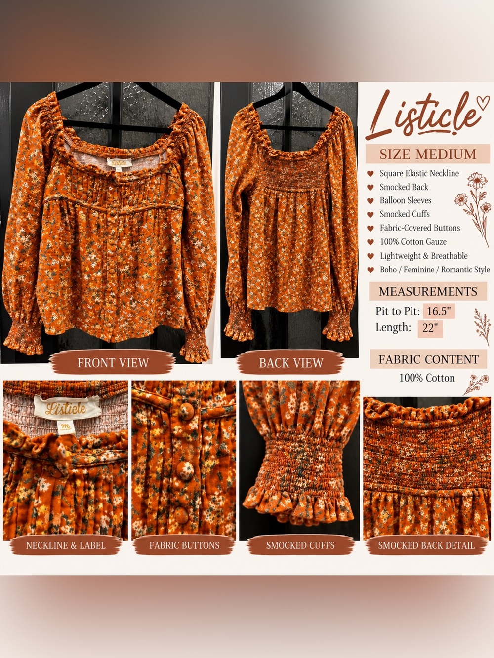 Listicle Medium Orange Smocked Floral Cotton Gauze Peasant Square Neck Boho Top